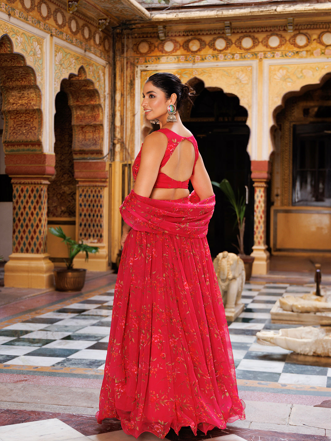 Barbados Cherry Pink Floral Printed Chiffon Lehenga Set