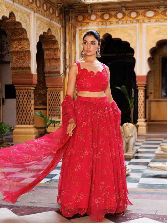 Barbados Cherry Pink Floral Printed Chiffon Lehenga Set