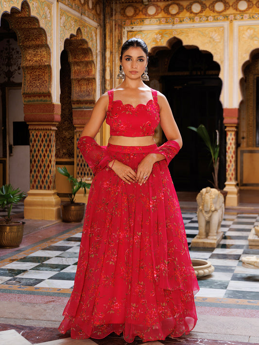 Barbados Cherry Pink Floral Printed Chiffon Lehenga Set