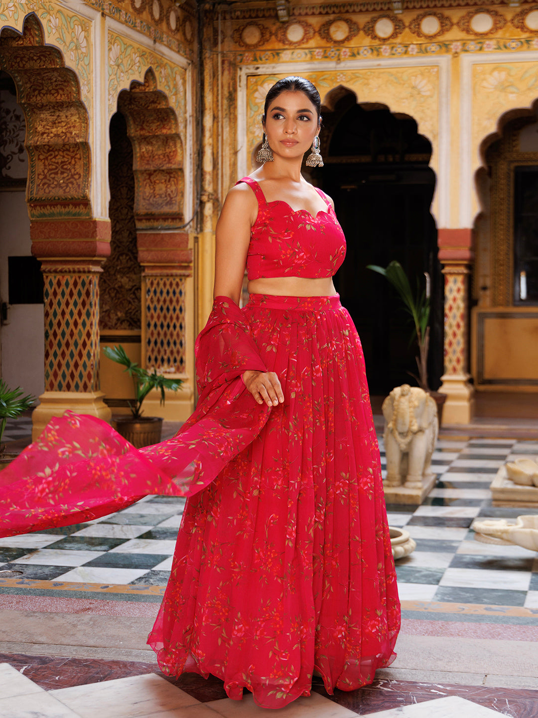 Barbados Cherry Pink Floral Printed Chiffon Lehenga Set