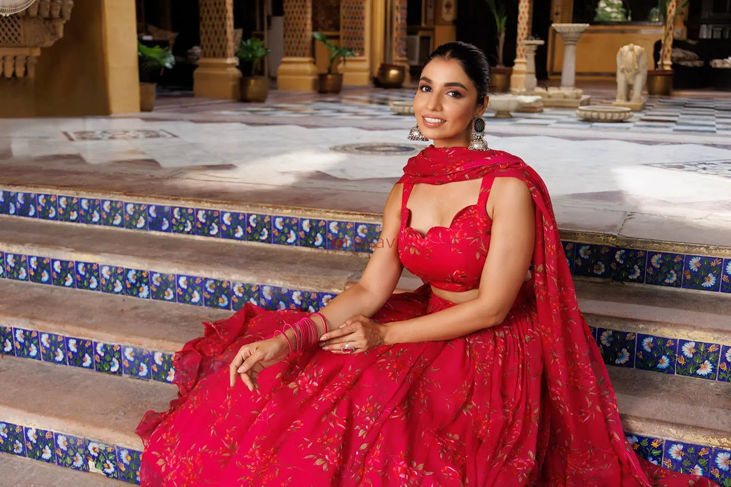 Barbados Cherry Pink Floral Printed Chiffon Lehenga Set - Ragavi
