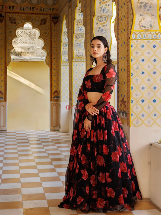 Scarlett Rose Black And Red Floral Printed Chiffon Lehenga Set - Ragavi