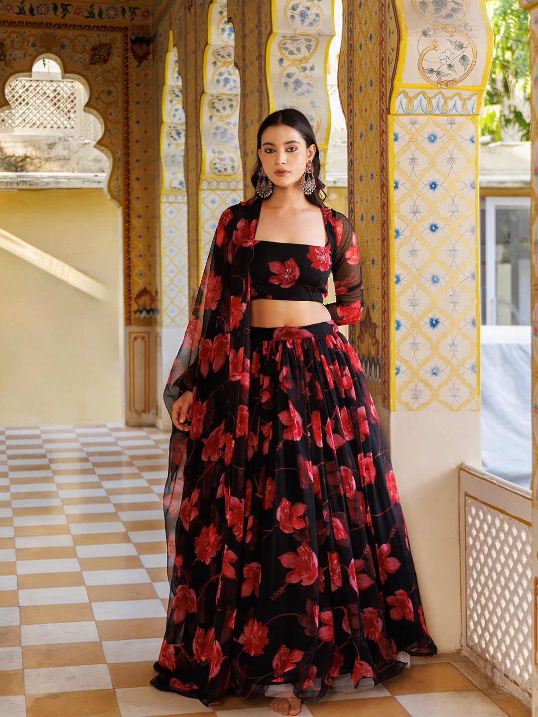 Scarlett Rose Black And Red Floral Printed Chiffon Lehenga Set