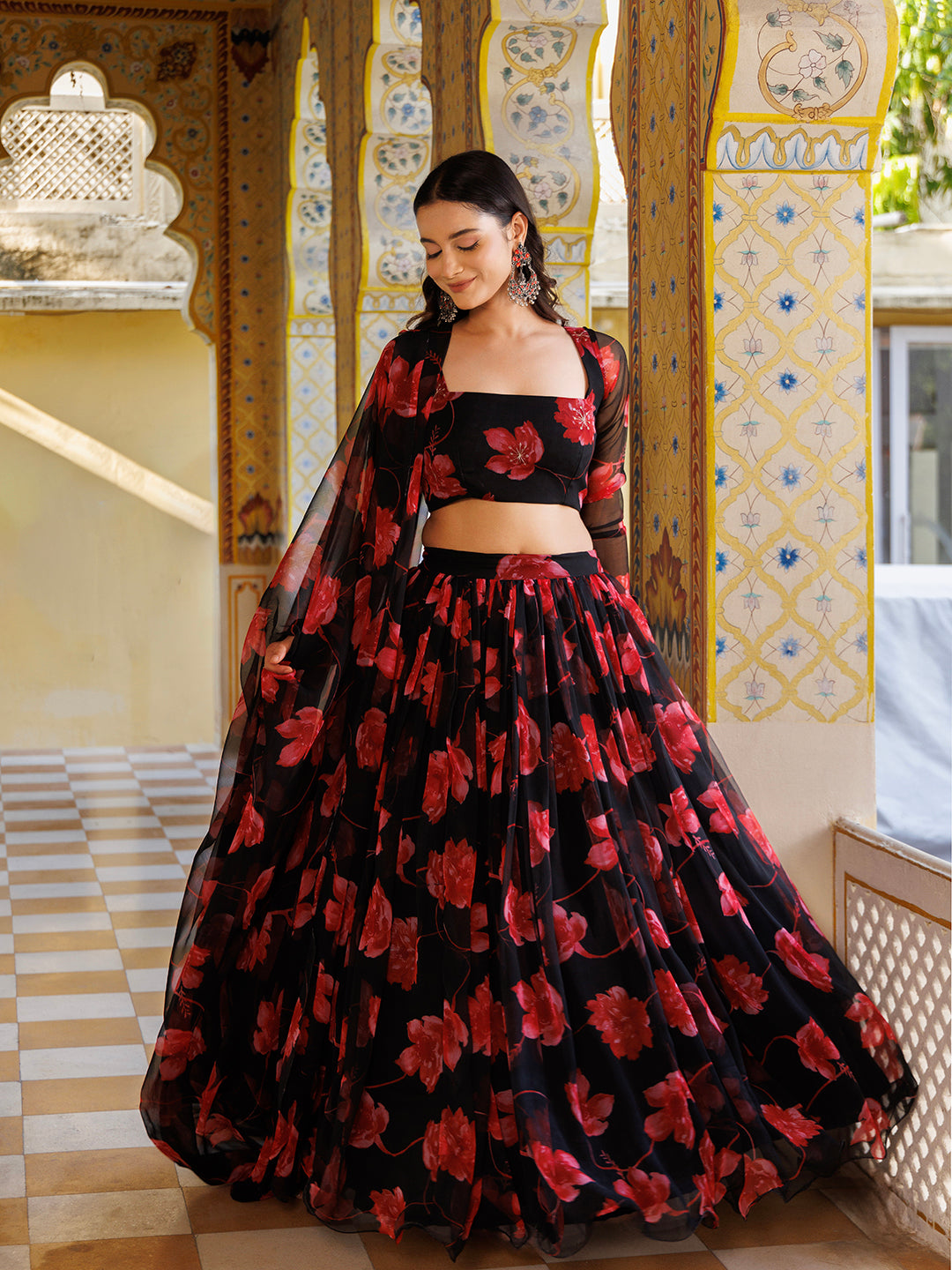 Scarlett Rose Black And Red Floral Printed Chiffon Lehenga Set