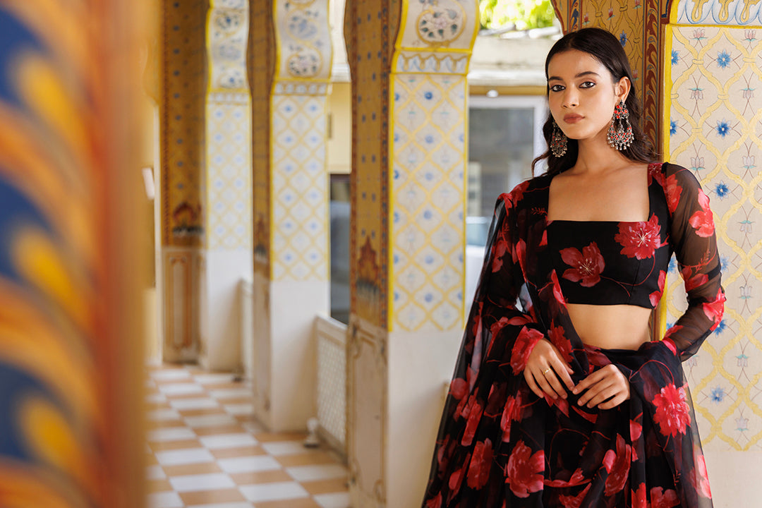 Scarlett Rose Black And Red Floral Printed Chiffon Lehenga Set