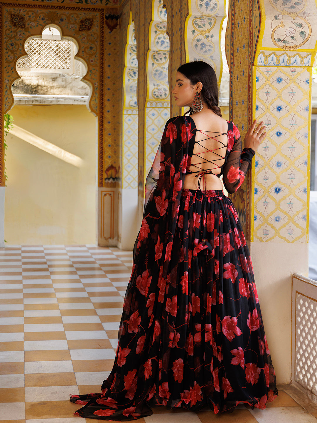 Scarlett Rose Black And Red Floral Printed Chiffon Lehenga Set