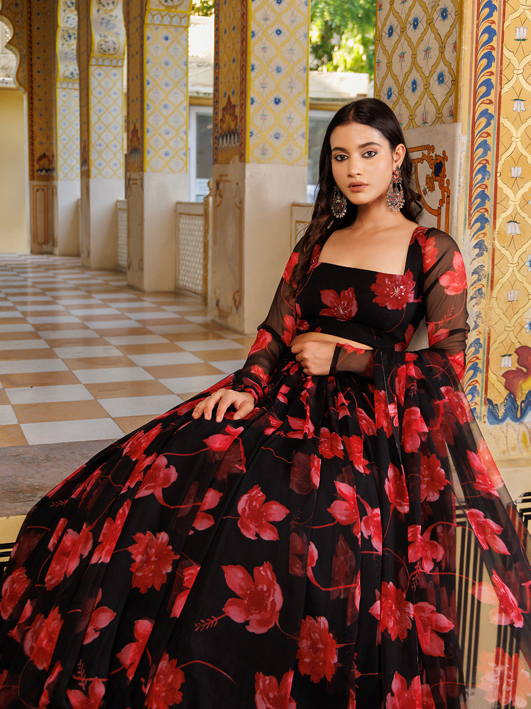 Scarlett Rose Black And Red Floral Printed Chiffon Lehenga Set