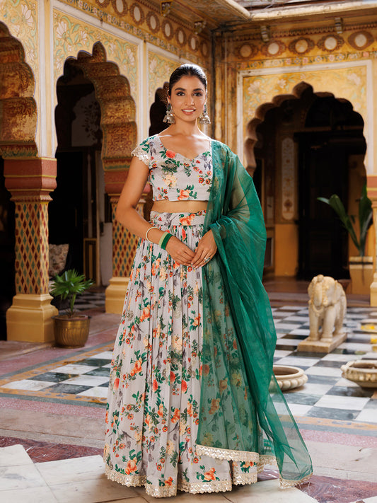 Grey and Green Printed Chinon Lehenga