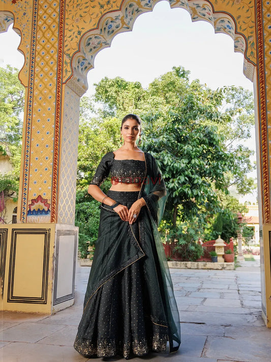 Colonial Green Gold Foil Printed Silk Lehenga Set - Ragavi