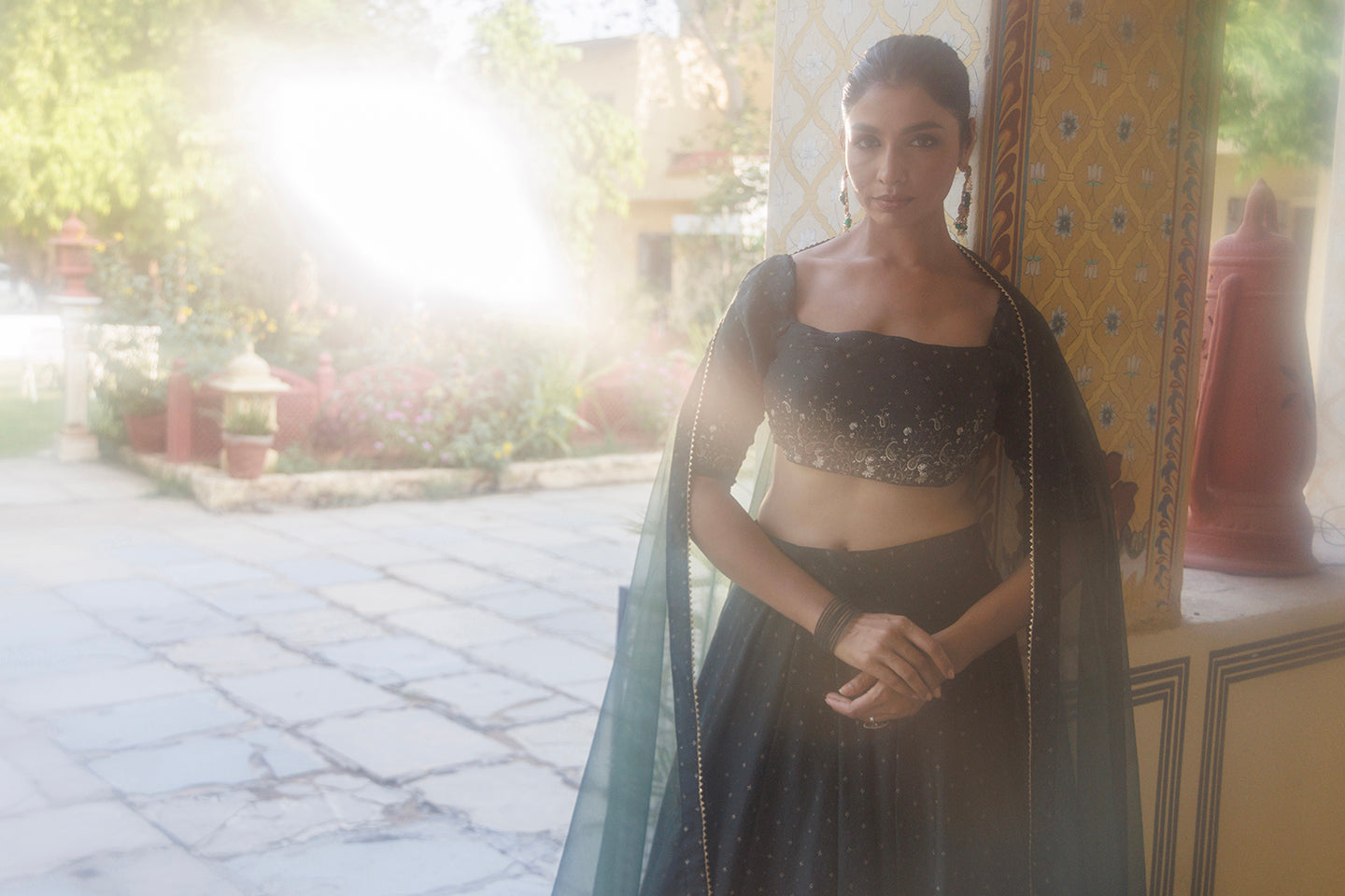 Colonial Green Gold Foil Printed Silk Lehenga Set