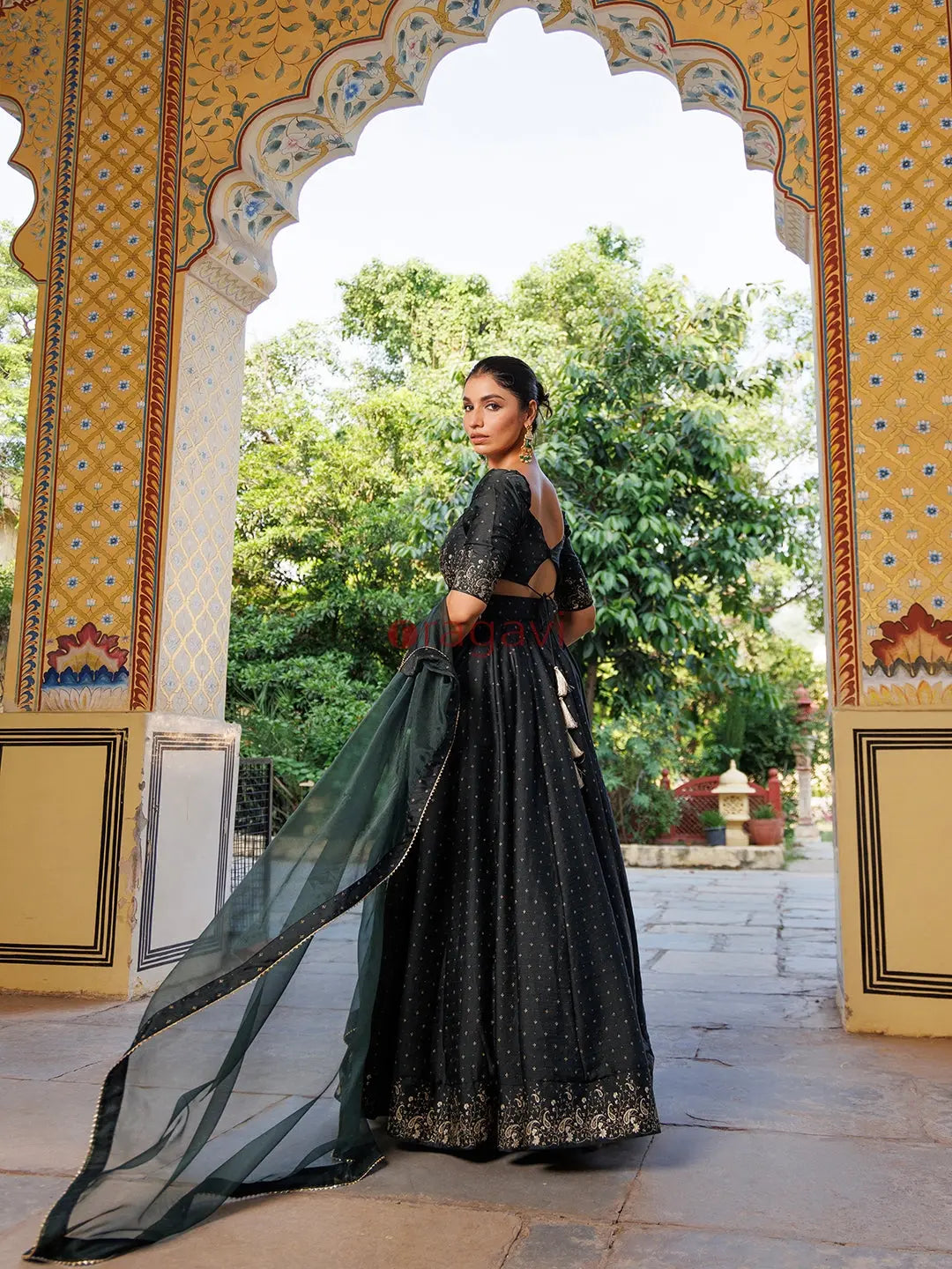 Colonial Green Gold Foil Printed Silk Lehenga Set - Ragavi