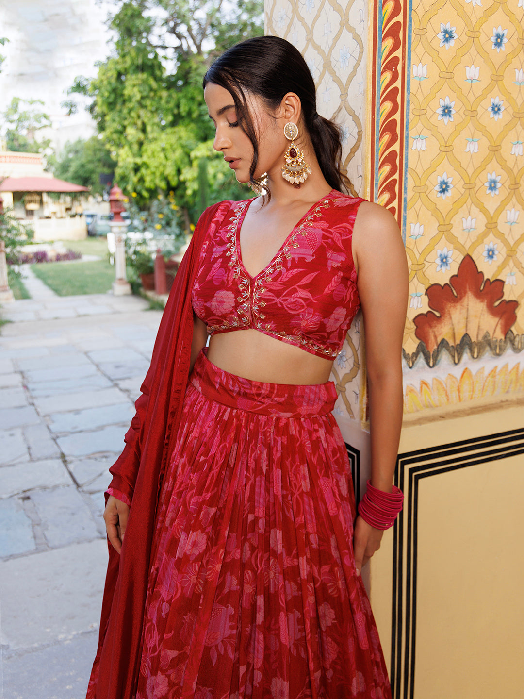 Maroon Floral Printed Pure Chinon Lehenga