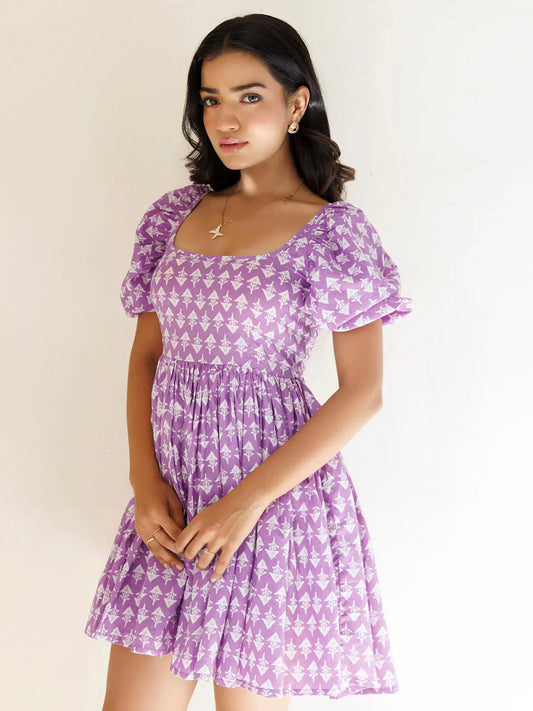 Bellflower Purple Cotton Printed Dress Ragavi