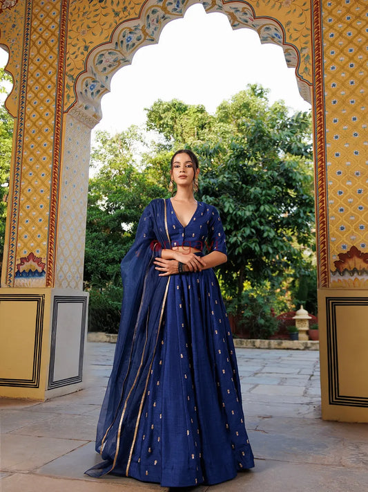 Galactic Blue Embroidered Silk Lehenga Set - Ragavi