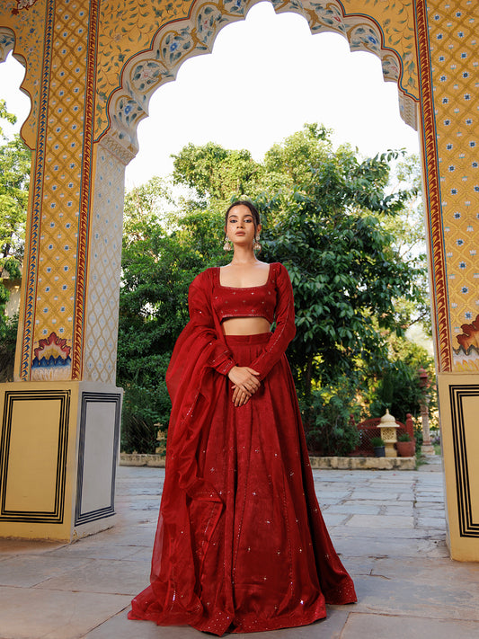 True Red Velvet Mukaish work Lehenga Set