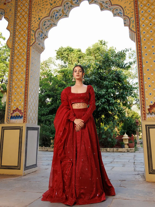 True Red Velvet Mukaish work Lehenga Set - Ragavi