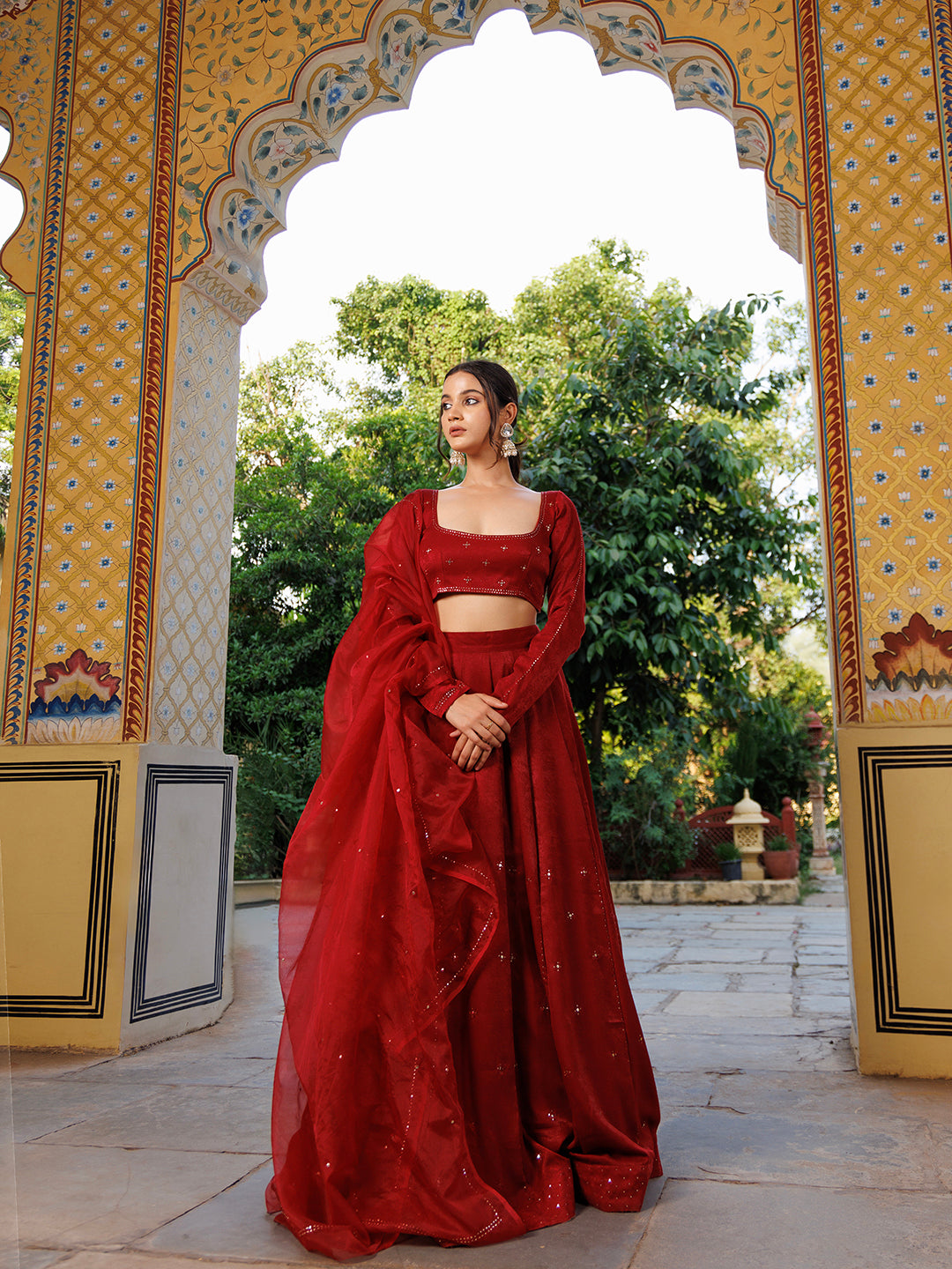 True Red Velvet Mukaish work Lehenga Set