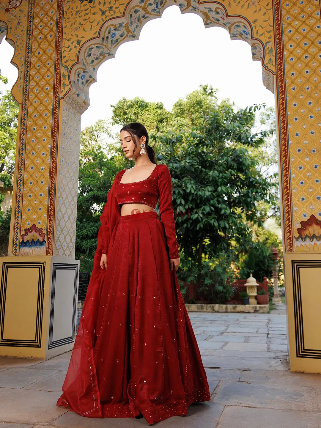 True Red Velvet Mukaish work Lehenga Set - Ragavi