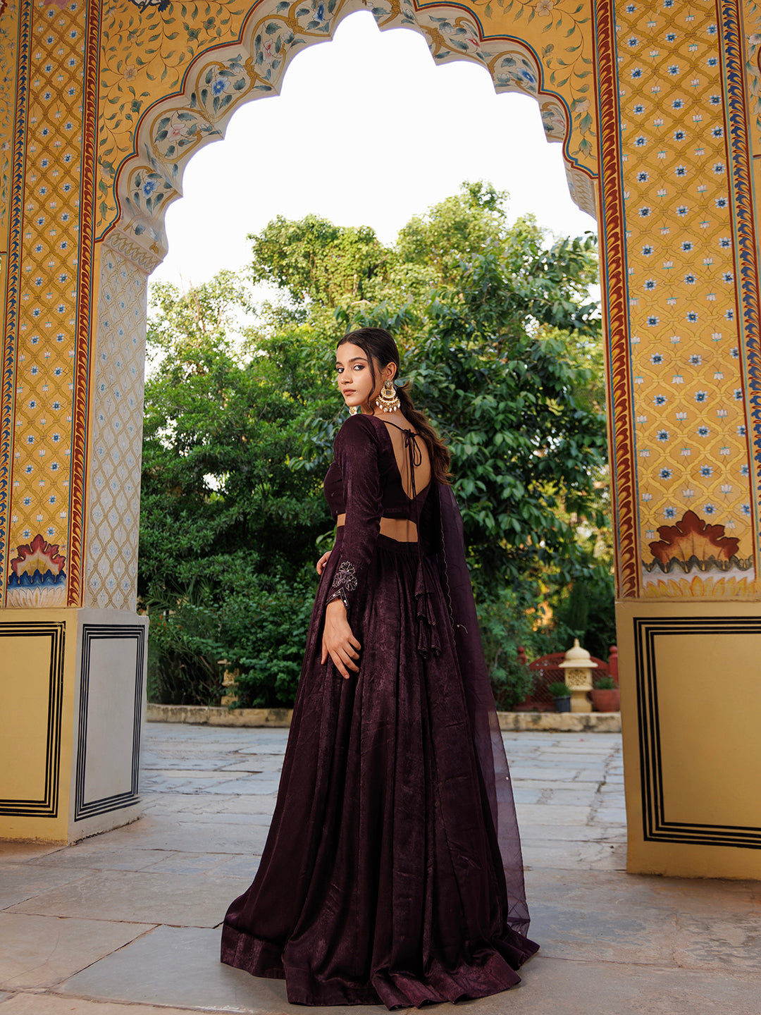 Mauve Wine Embroidered Velvet Lehenga Set