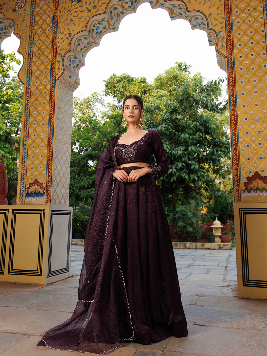 Mauve Wine Embroidered Velvet Lehenga Set