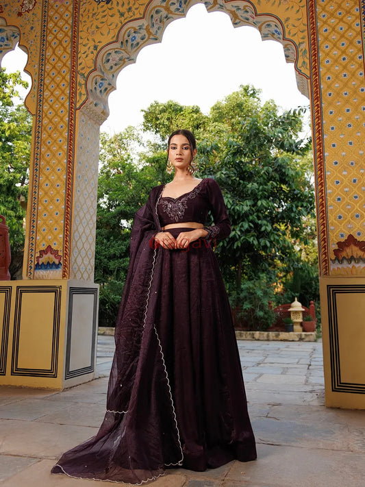Mauve Wine Embroidered Velvet Lehenga Set - Ragavi