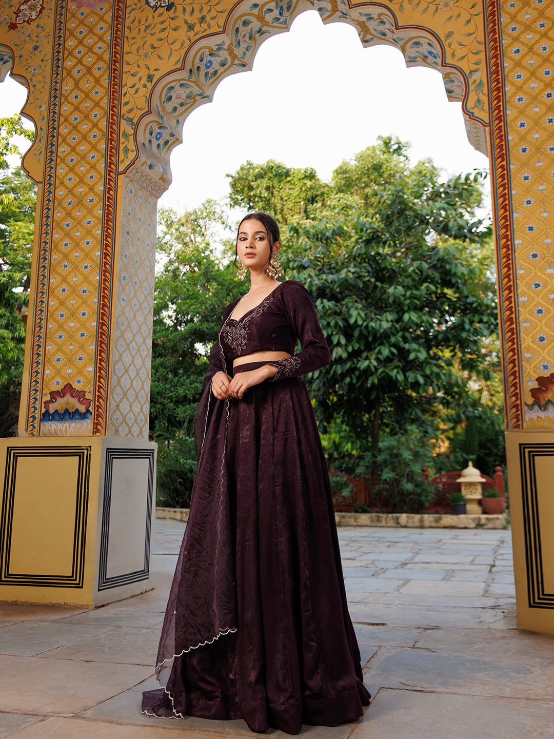 Mauve Wine Embroidered Velvet Lehenga Set