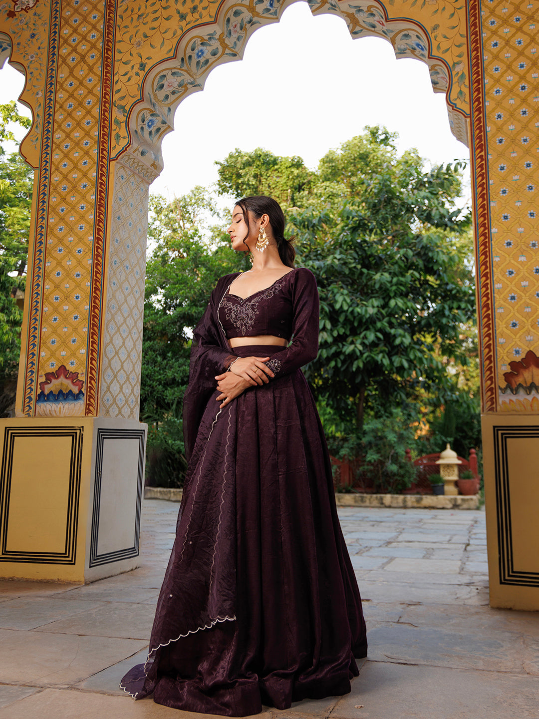 Mauve Wine Embroidered Velvet Lehenga Set