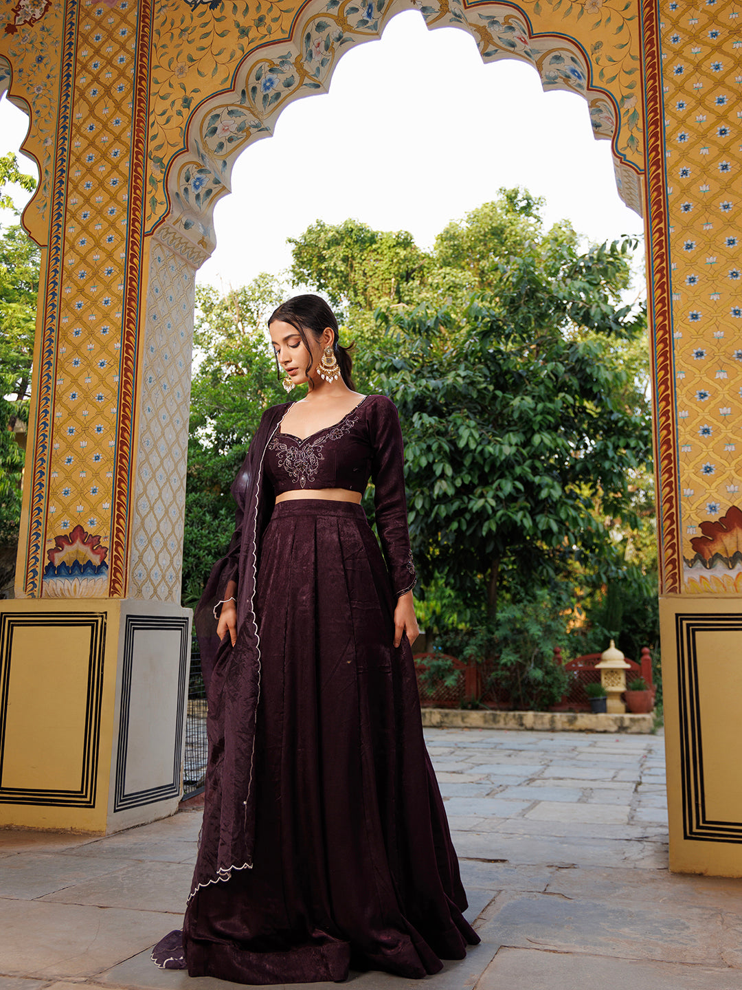 Mauve Wine Embroidered Velvet Lehenga Set