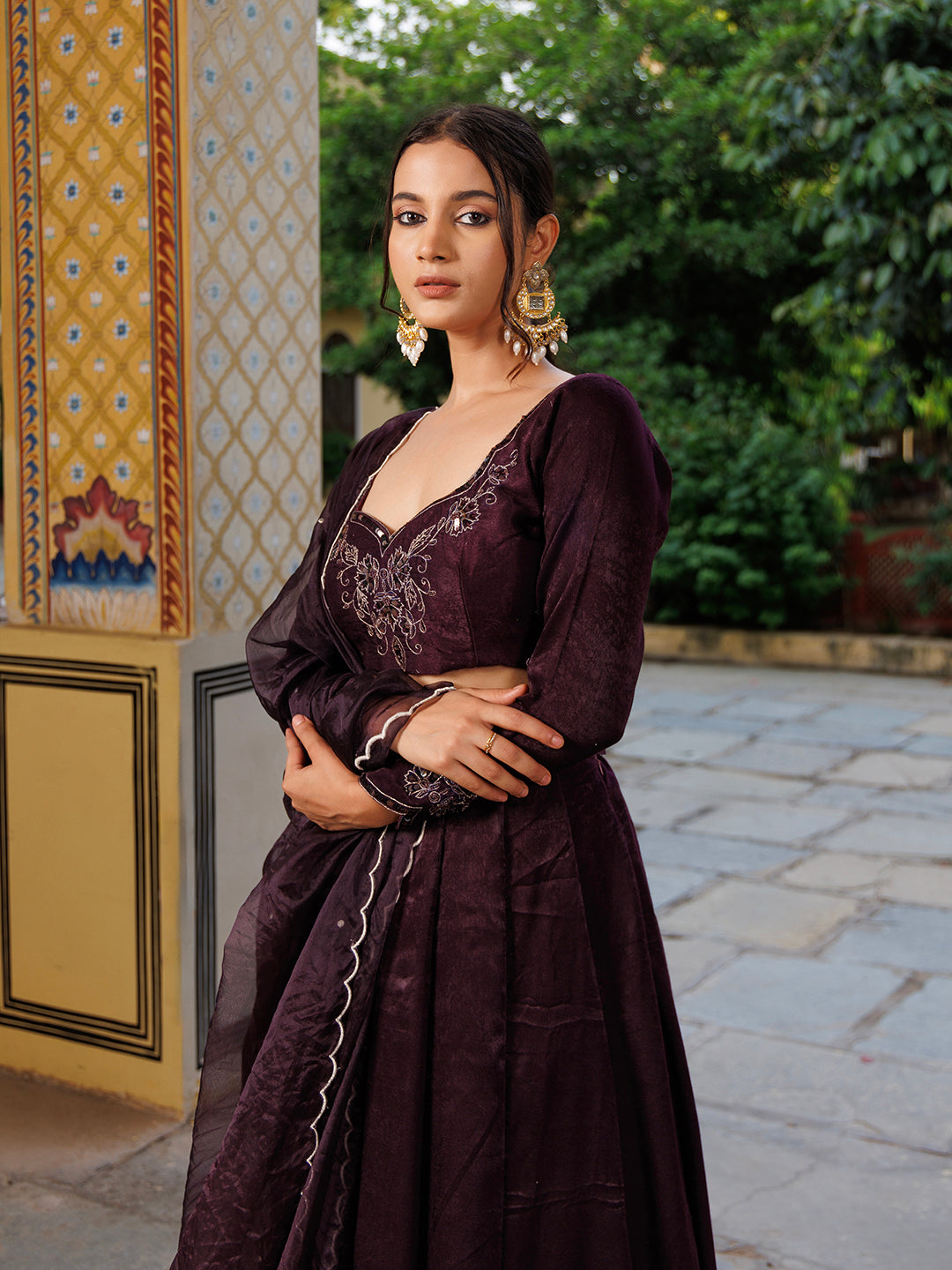 Mauve Wine Embroidered Velvet Lehenga Set