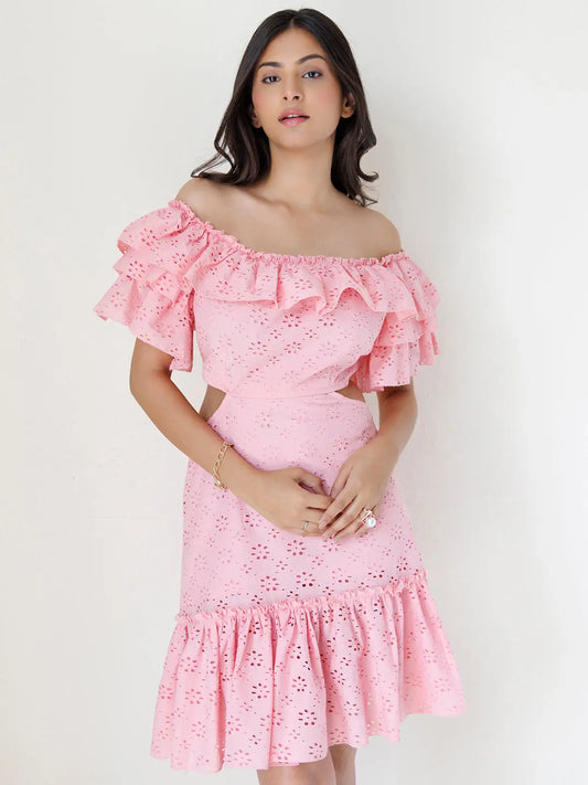 Peony Pink Cotton Schiffli Dress Ragavi