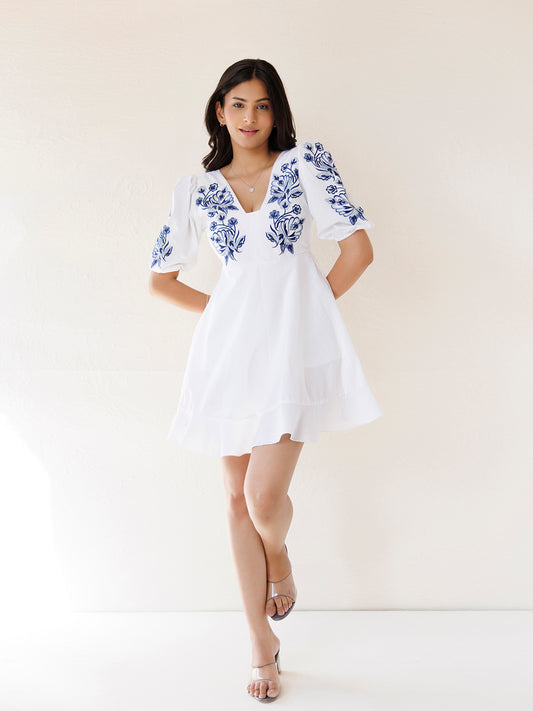 Indigo White Embroidered Cotton Dress