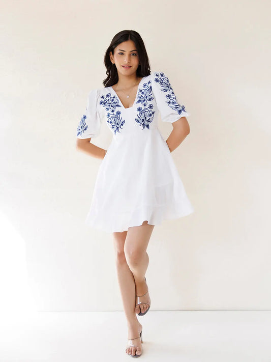Indigo White Embroidered Cotton Dress Ragavi