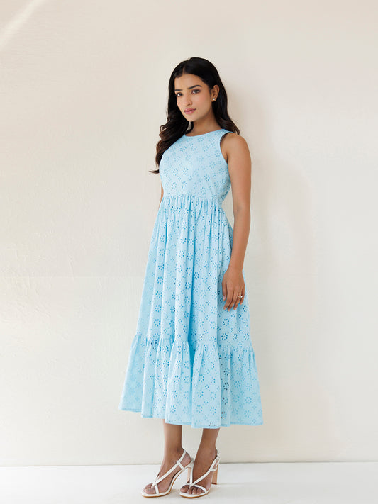 Felicia Blue Daisy Cotton Schiffli Dress