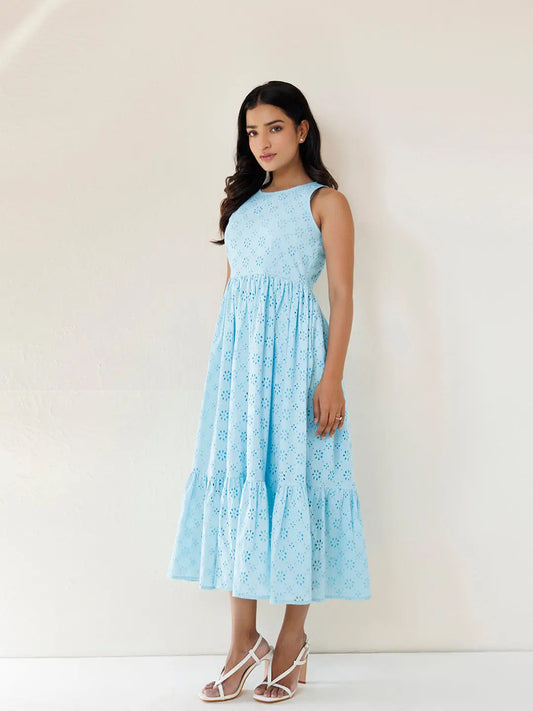 Felicia Blue Daisy Cotton Schiffli Dress Ragavi