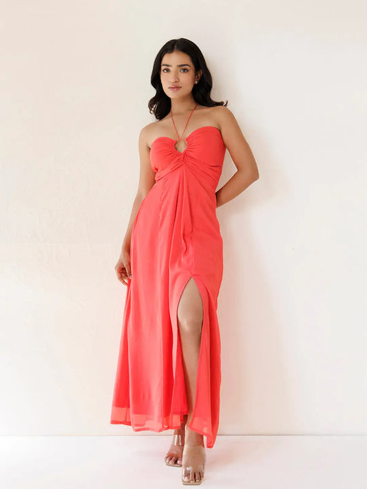 Peony Coral Chiffon Dress Ragavi