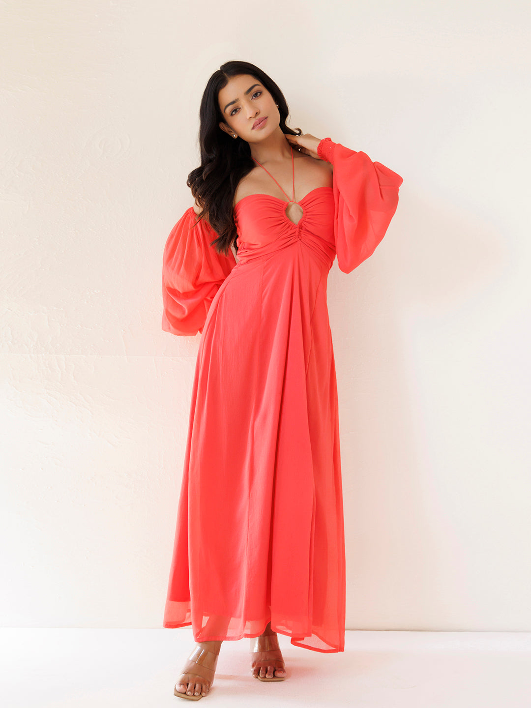 Peony Coral Chiffon Dress