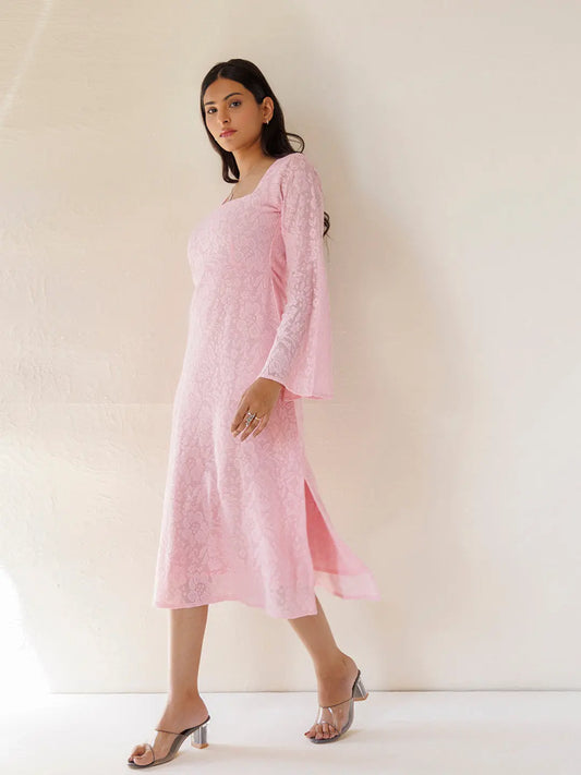 Hyacinth Pink Cotton Net Midi Dress Ragavi