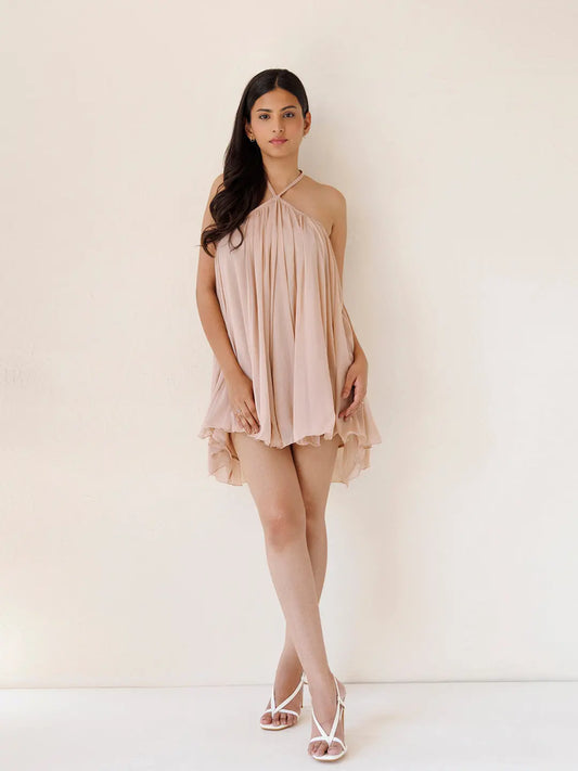 Rose Tiffany Nude Chiffon Mini Dress Ragavi