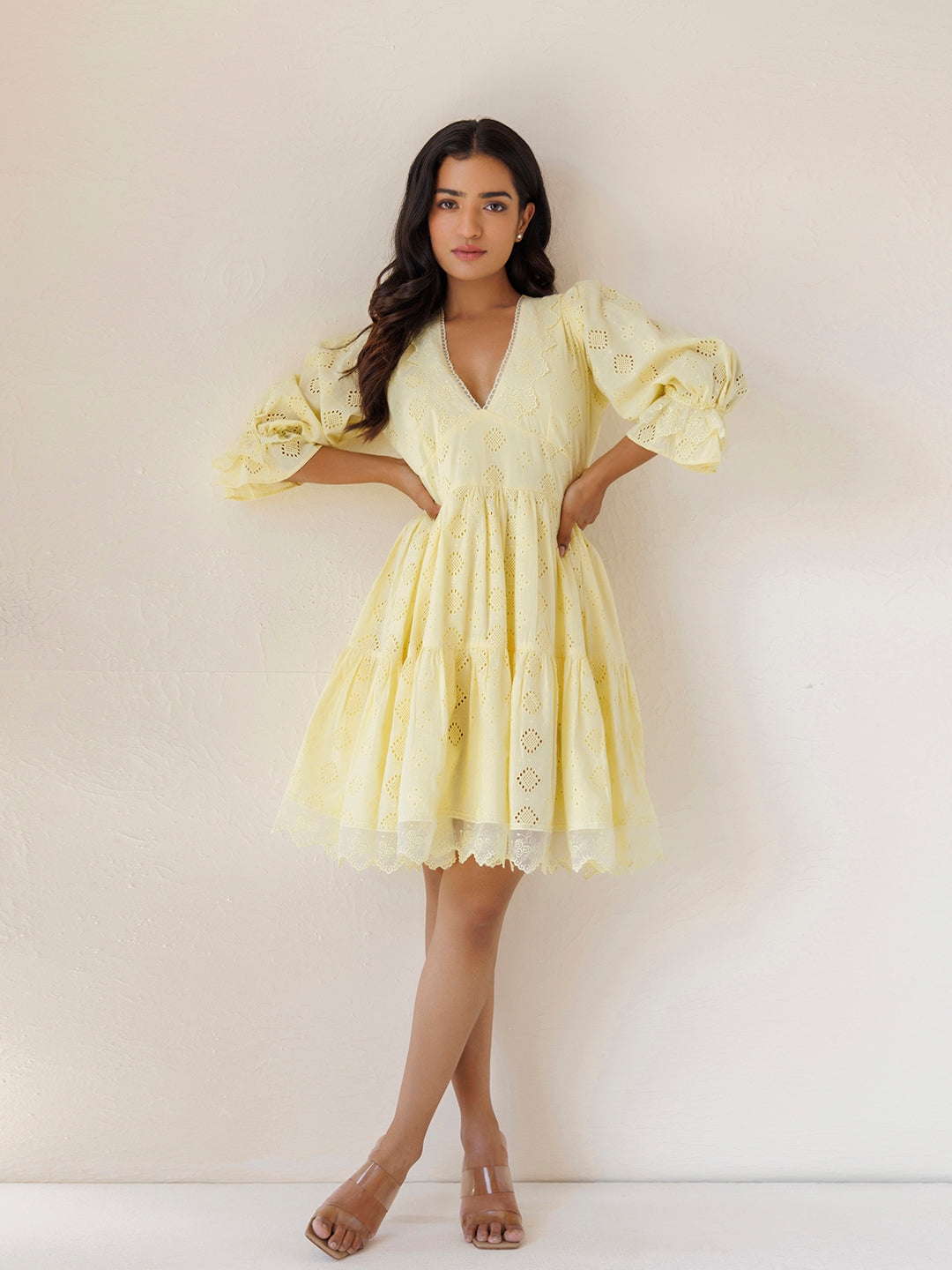 Yellow Iris Cotton Schiffli Dress