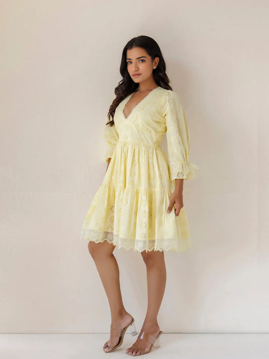 Yellow Iris Cotton Schiffli Dress Ragavi