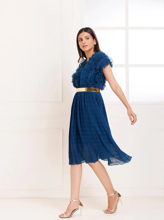 Petunia Blue Ruffle Pleated Dress Ragavi