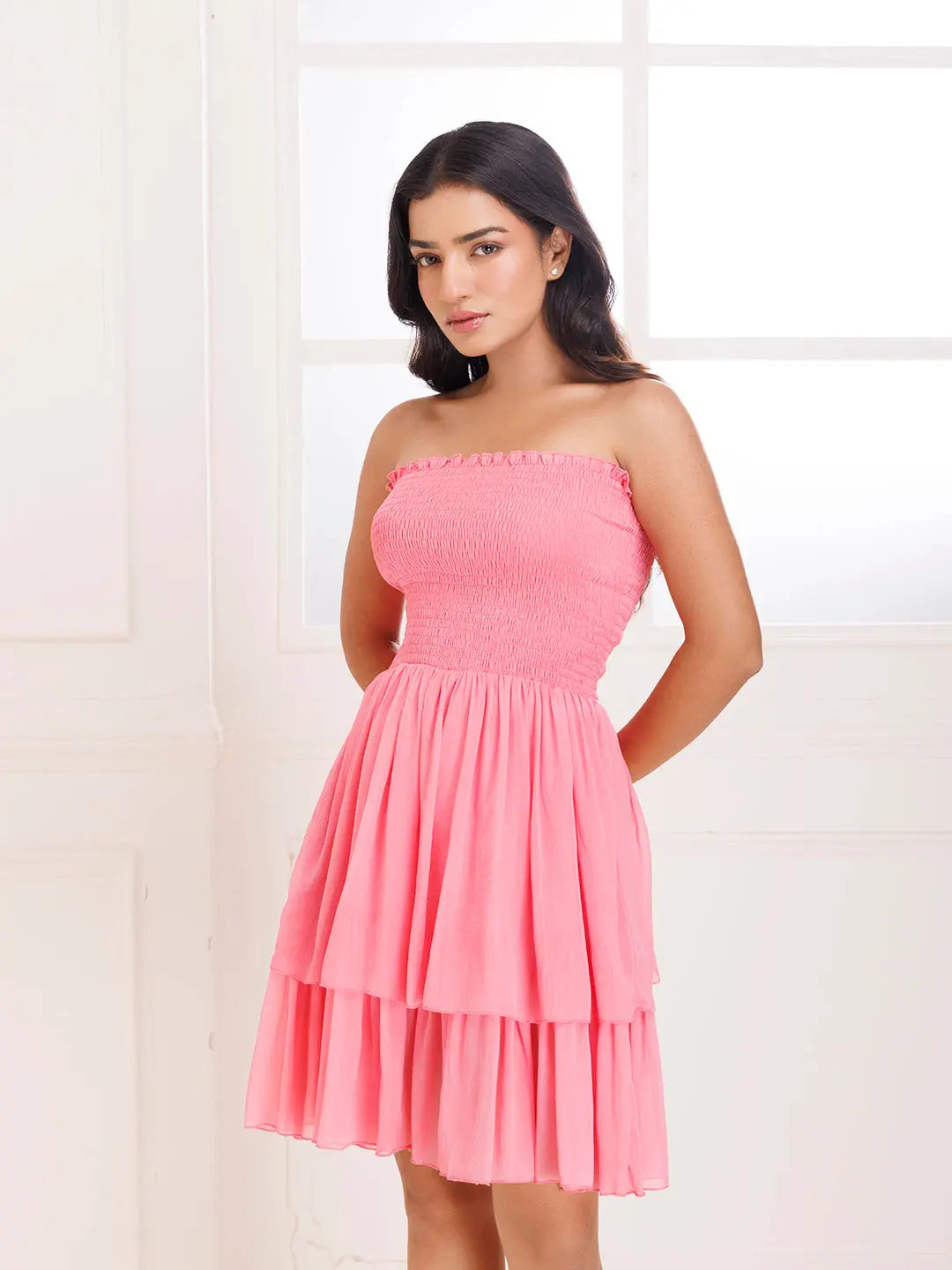 Gloriosa Lily Pink Smocked Chiffon Dress Ragavi