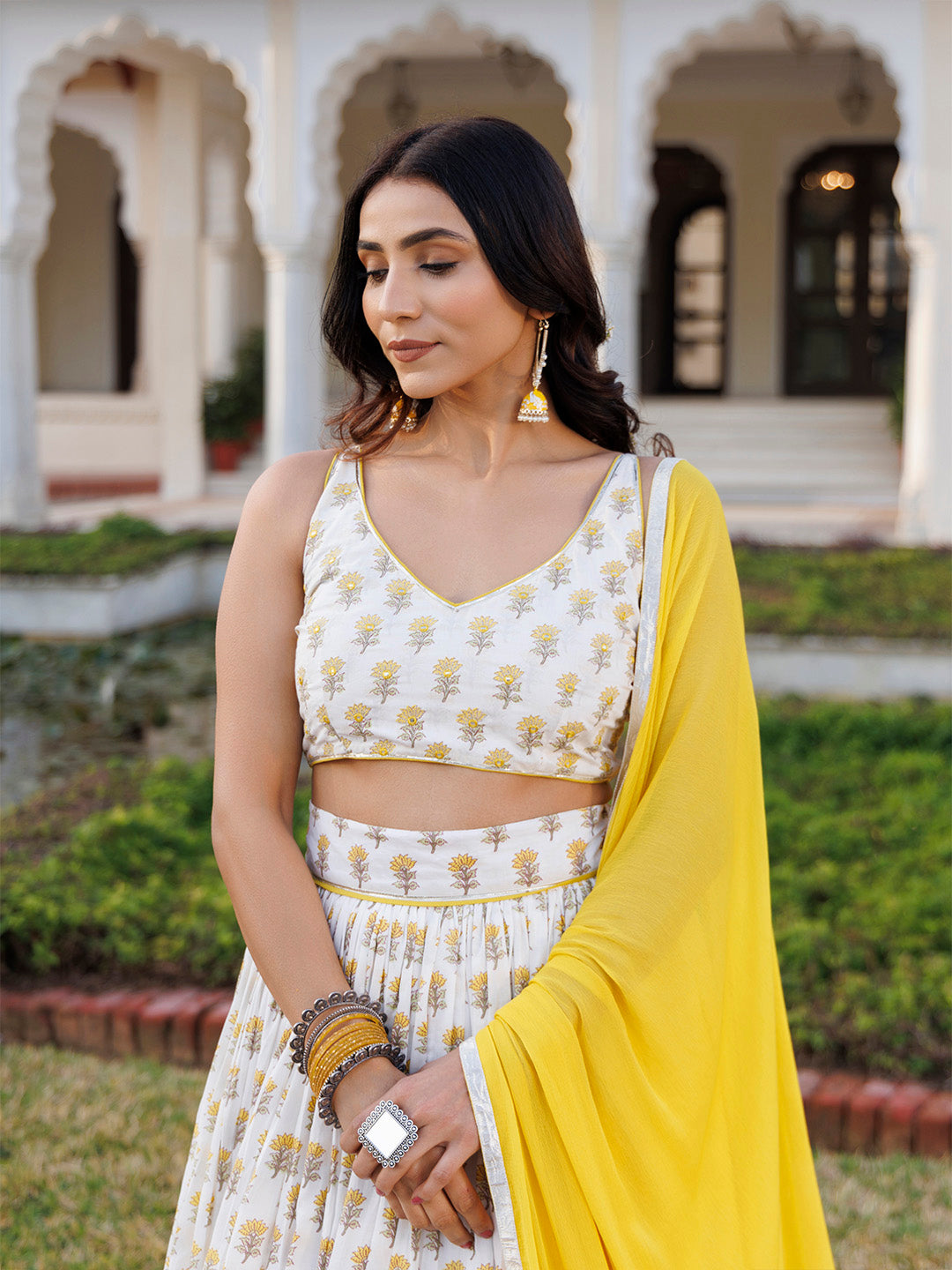 Sunstruck Yellow and White Cotton Lehenga Set