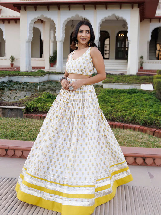 Sunstruck Yellow and White Cotton Lehenga Set RAGAVI