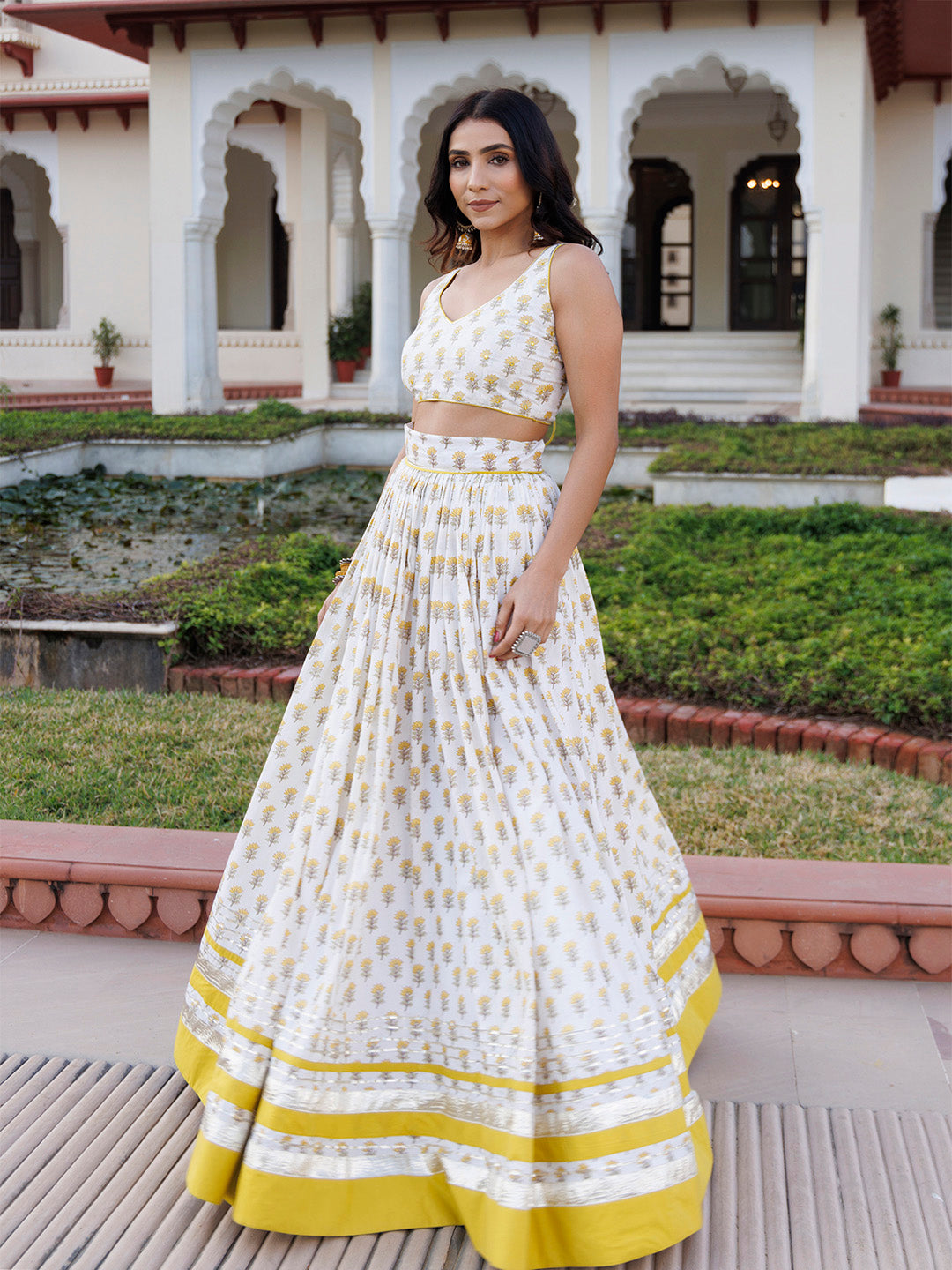 Sunstruck Yellow and White Cotton Lehenga Set