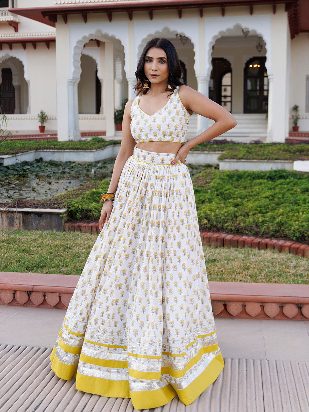 Sunstruck Yellow and White Cotton Lehenga Set