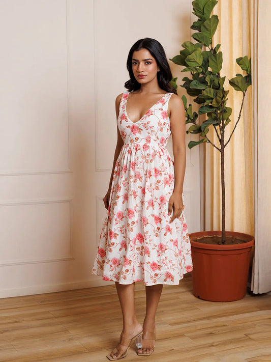 Rose Cotton Printed White Dress Ragavi
