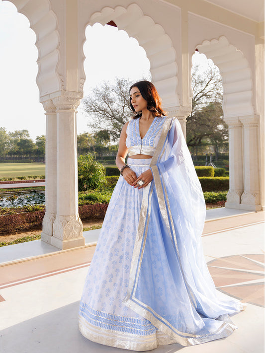 Angel Falls Blue and White Handblock Printed Lehenga Set