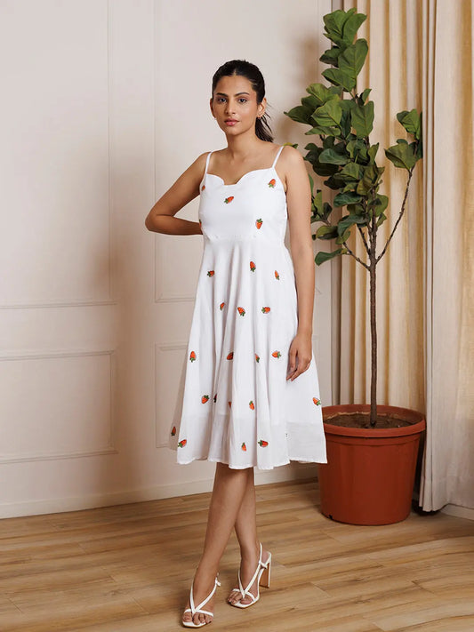 Strawberry White Embroidered Cotton Dress Ragavi