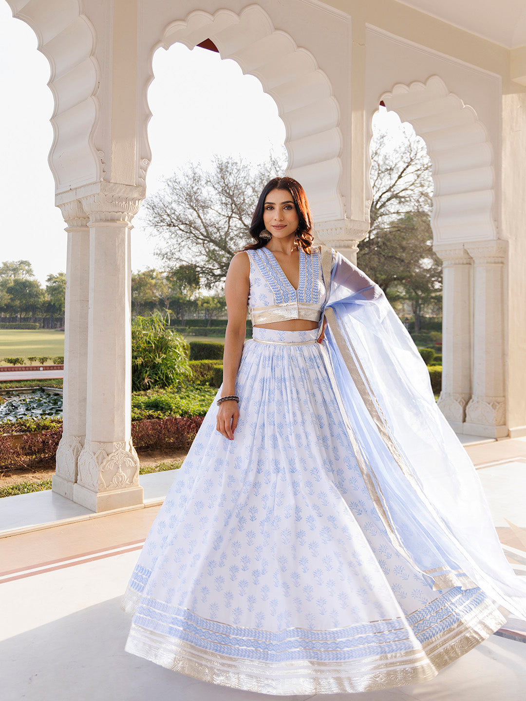 Angel Falls Blue and White Handblock Printed Lehenga Set